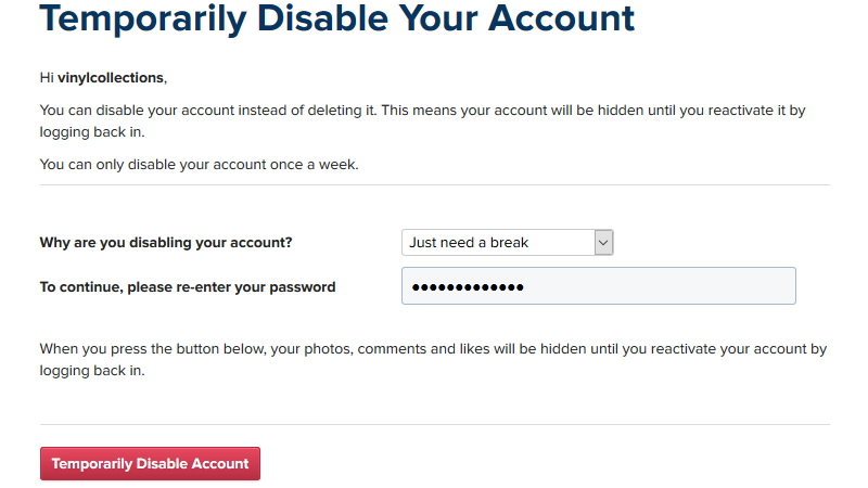 Temporarily Disable your Account